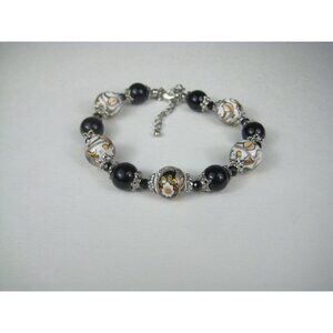 Floral Ceramic Beaded Bracelet Silvertone Accents Adjustable Chain 9 Inches